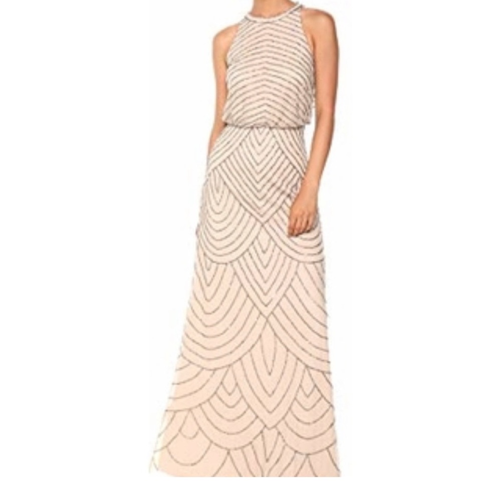 NWT Adrianna Papell blush beaded art deco halter gown